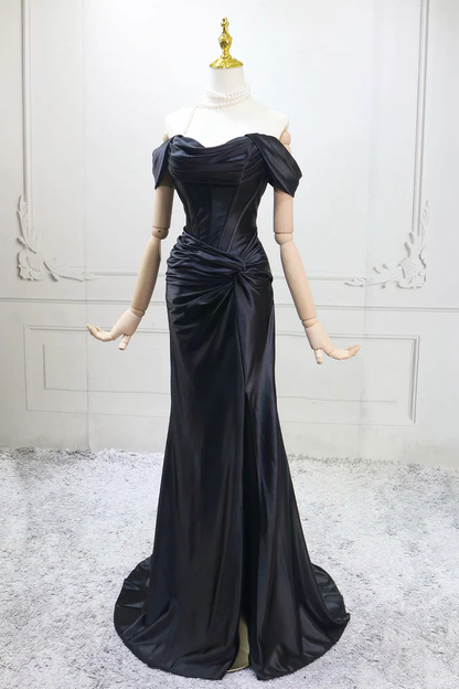 Black Satin Long Prom Dress Mermaid Off The Shoulder Evening Dress  P657