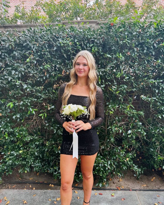Black Sequin Sheath Short Homecoming Dress With Long Sleeves  P1498