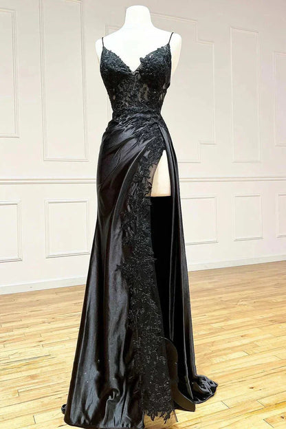 Black Spaghetti Straps Evening Dresses Satin Sheath Long Prom Dresses With Slits  P891