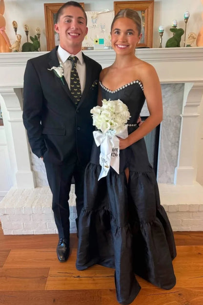 Black Strapless Pearls A-Line Long Prom Dress With Slit  P1147