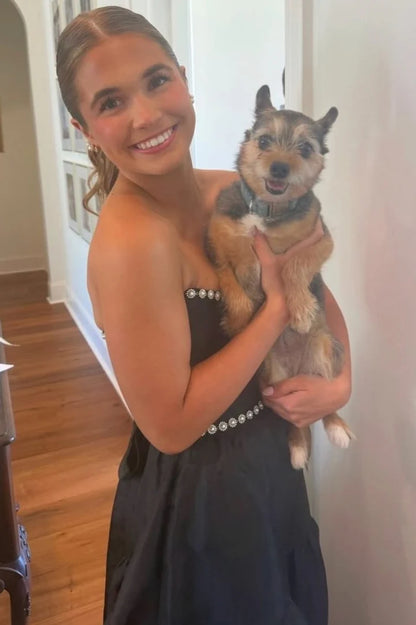 Black Strapless Pearls A-Line Long Prom Dress With Slit  P1147