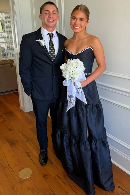 Black Strapless Pearls A-Line Long Prom Dress With Slit  P1147