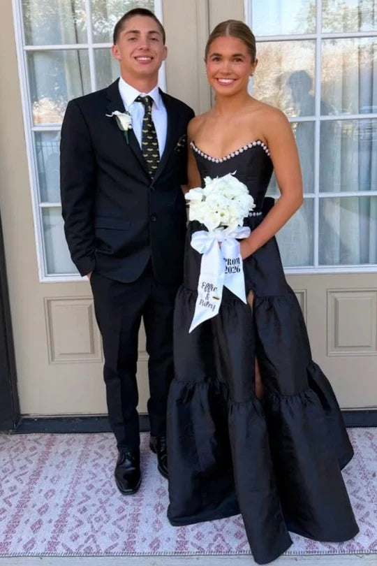 Black Strapless Pearls A-Line Long Prom Dress With Slit  P1147