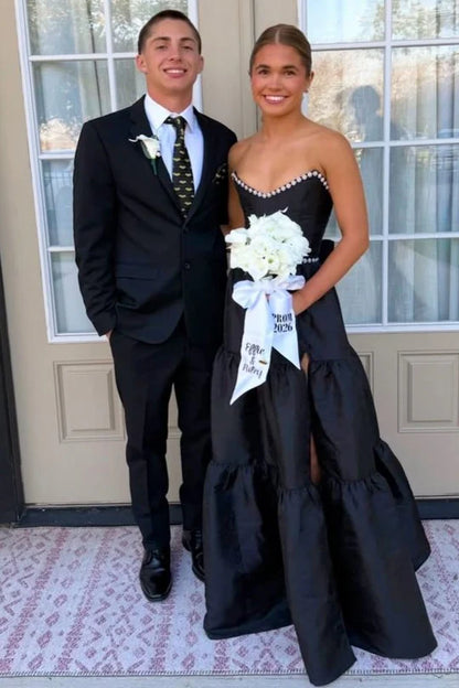Black Strapless Pearls A-Line Long Prom Dress With Slit  P1147