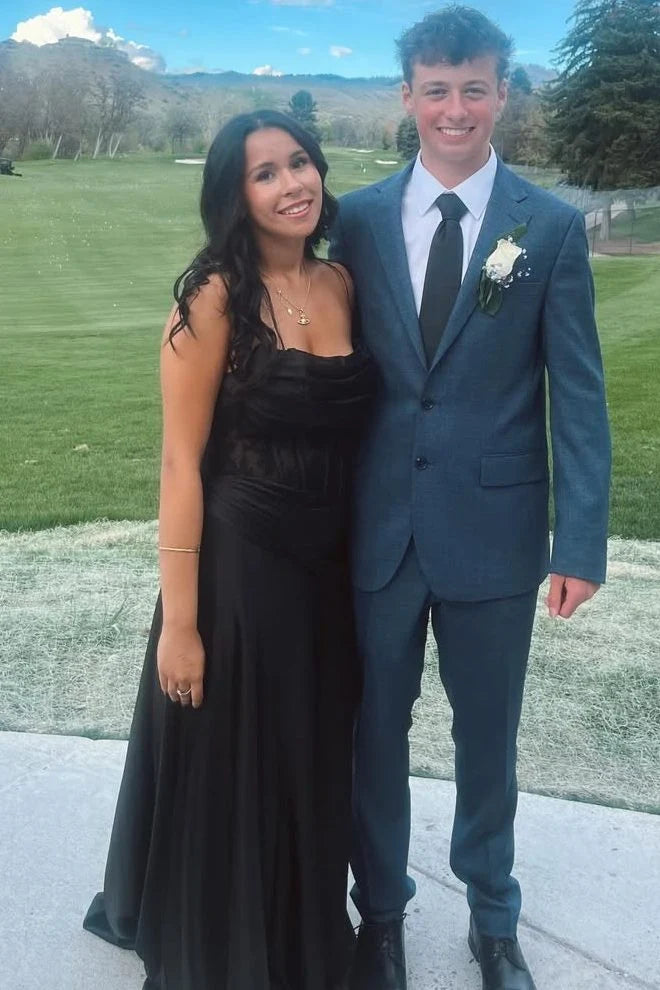 Black Strapless Pleated Cowl Neck Satin Prom Dress With Appliques  P2522