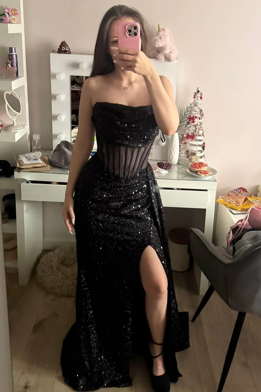 Black Strapless Sequined Cowl Neck Mermaid Prom Dress With Slit  P862