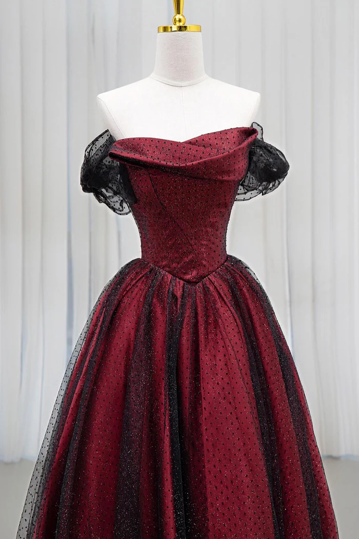 Black Tulle And Burgundy Long Prom Dress Charming A-Line Evening Dress  P667