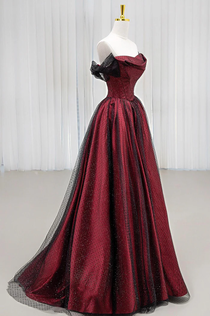 Black Tulle And Burgundy Long Prom Dress Charming A-Line Evening Dress  P667