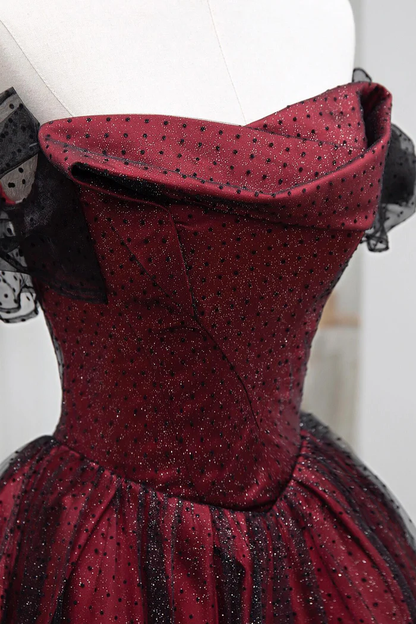 Black Tulle And Burgundy Long Prom Dress Charming A-Line Evening Dress  P667