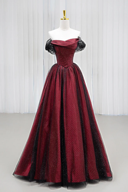 Black Tulle And Burgundy Long Prom Dress Charming A-Line Evening Dress  P667
