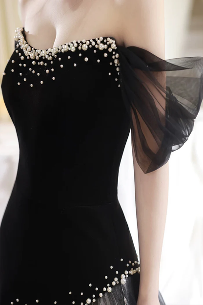Black Tulle Mermaid Prom Dress Pearl Beaded Velvet Evening Gown  P647
