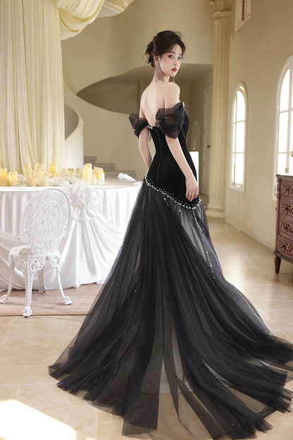 Black Tulle Mermaid Prom Dress Pearl Beaded Velvet Evening Gown  P647