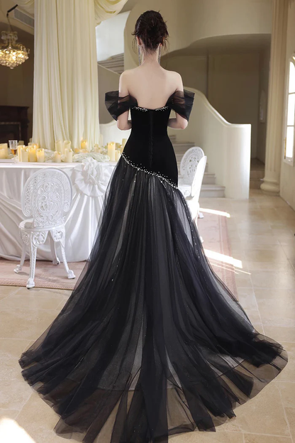 Black Tulle Mermaid Prom Dress Pearl Beaded Velvet Evening Gown  P647
