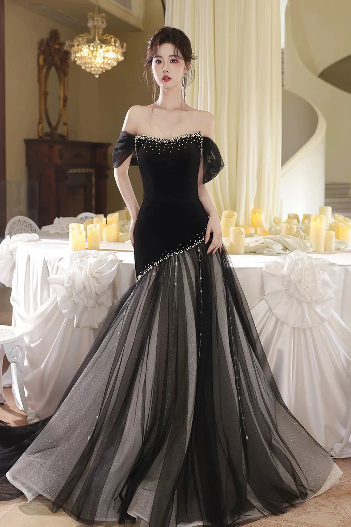 Black Tulle Mermaid Prom Dress Pearl Beaded Velvet Evening Gown  P647