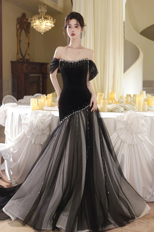 Black Tulle Mermaid Prom Dress Pearl Beaded Velvet Evening Gown  P647
