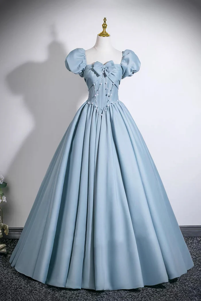 Blue A-Line Junior Prom Dress With Puff Sleeves  P642