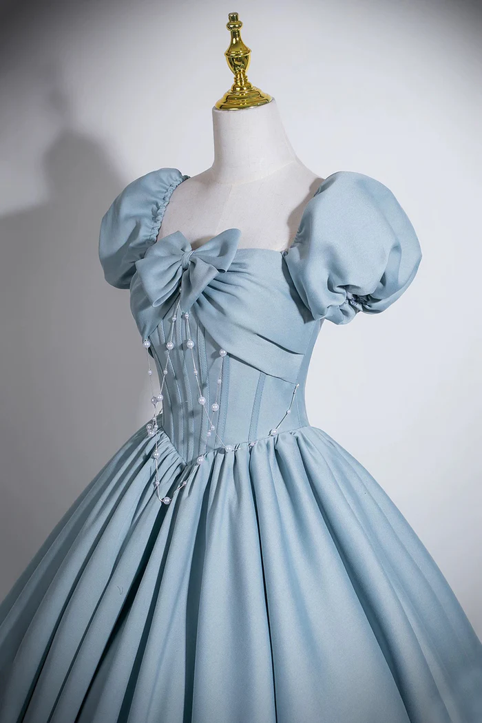 Blue A-Line Junior Prom Dress With Puff Sleeves  P642