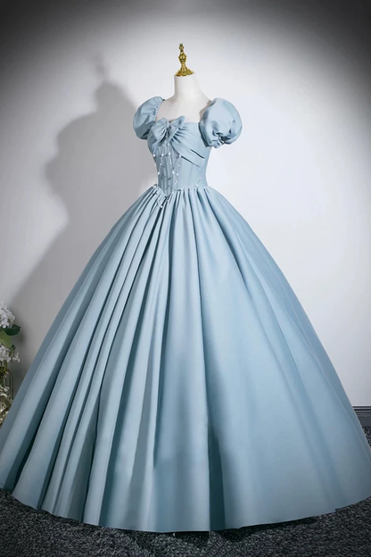 Blue A-Line Junior Prom Dress With Puff Sleeves  P642