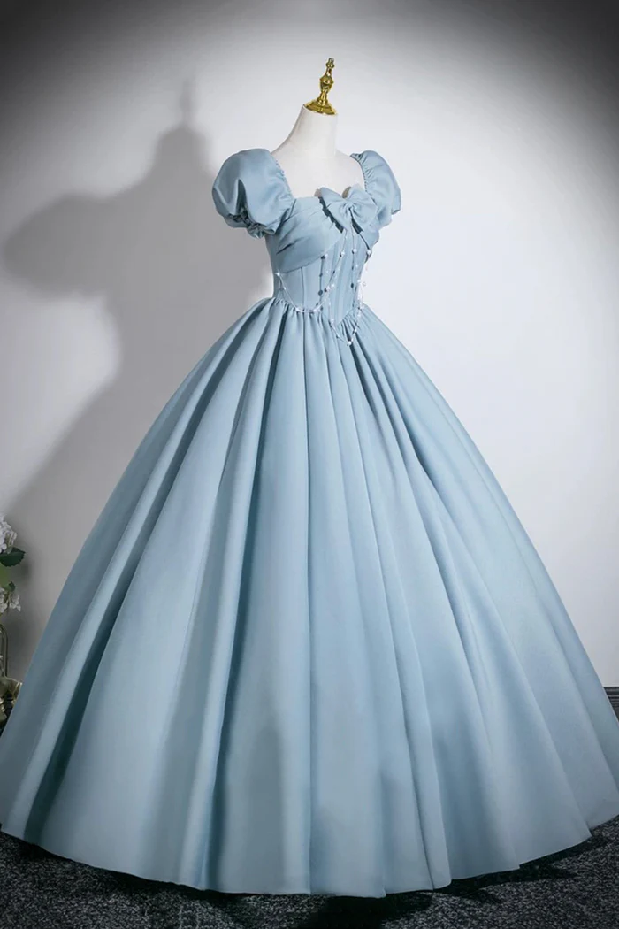 Blue A-Line Junior Prom Dress With Puff Sleeves  P642