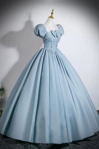 Blue A-Line Junior Prom Dress With Puff Sleeves  P642