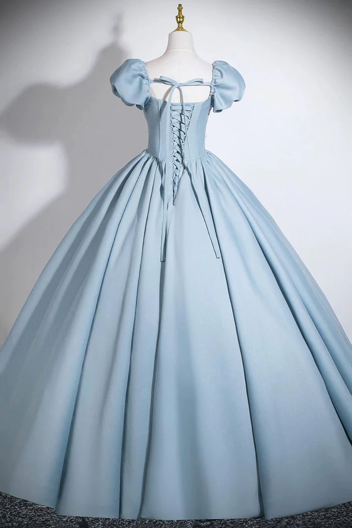 Blue A-Line Junior Prom Dress With Puff Sleeves  P642