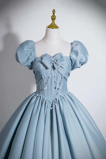Blue A-Line Junior Prom Dress With Puff Sleeves  P642