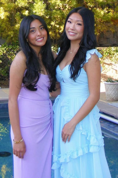 Blue A-Line Ruffles Chiffon Prom Dress Wedding Guest Dress   P2574