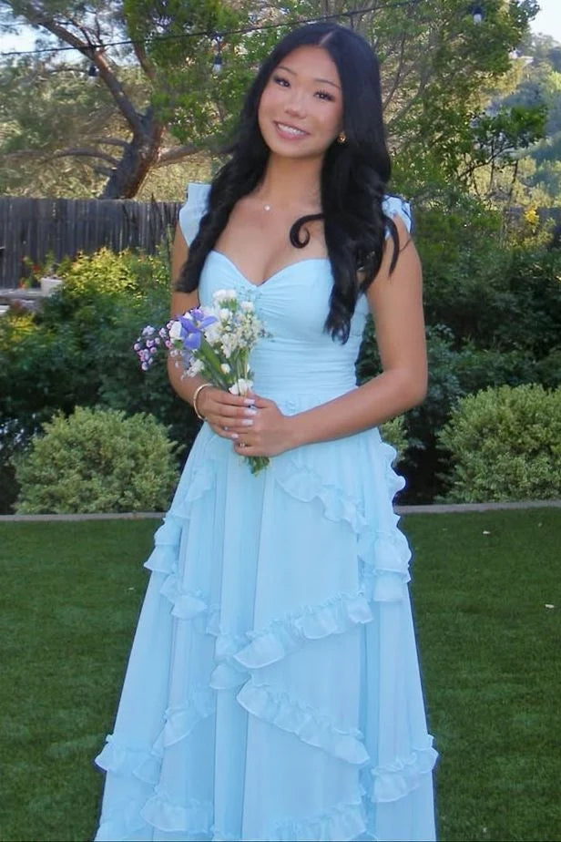 Blue A-Line Ruffles Chiffon Prom Dress Wedding Guest Dress   P2574