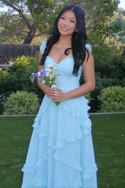 Blue A-Line Ruffles Chiffon Prom Dress Wedding Guest Dress   P2574