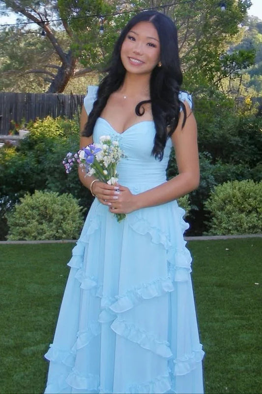 Blue A-Line Ruffles Chiffon Prom Dress Wedding Guest Dress   P2574