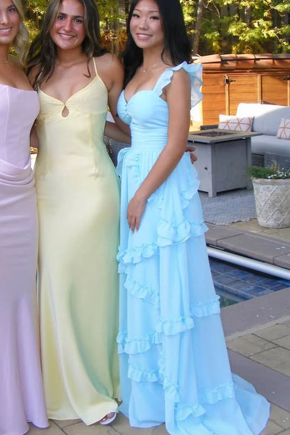 Blue A-Line Ruffles Chiffon Prom Dress Wedding Guest Dress   P2574
