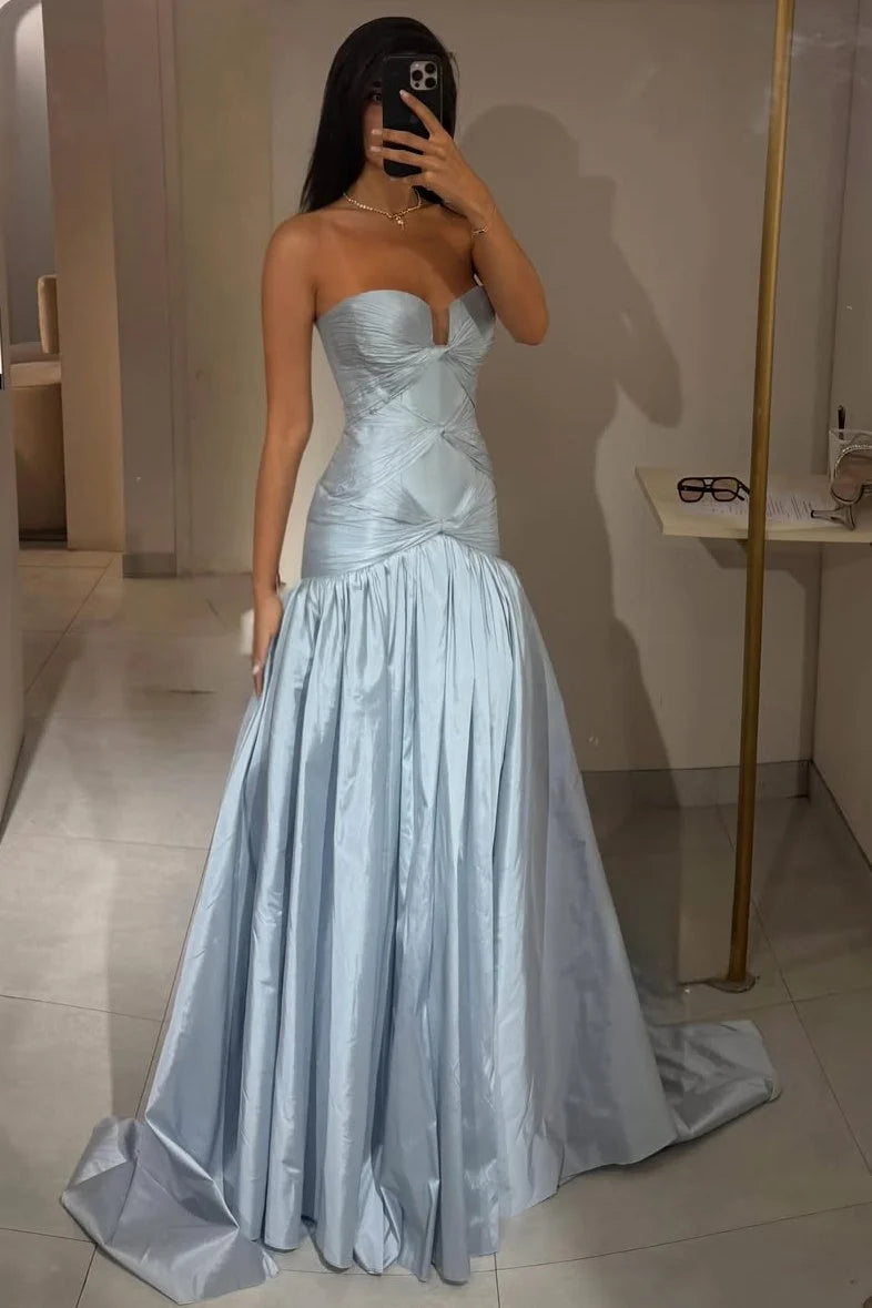Blue A-Line Strapless Long Prom Dress Formal Wedding Guest Dress  P2451