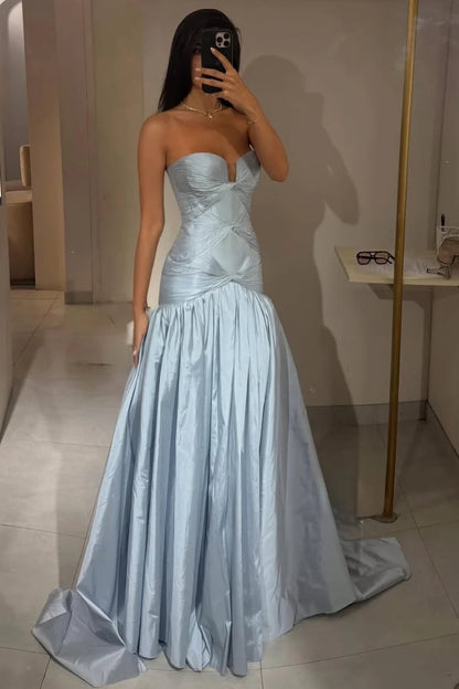 Blue A-Line Strapless Long Prom Dress Formal Wedding Guest Dress  P2451