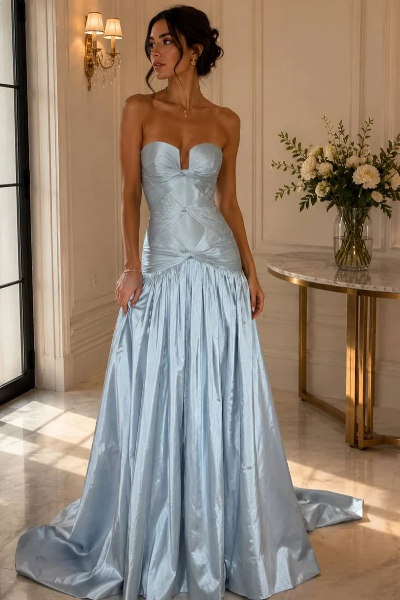 Blue A-Line Strapless Long Prom Dress Formal Wedding Guest Dress  P2451