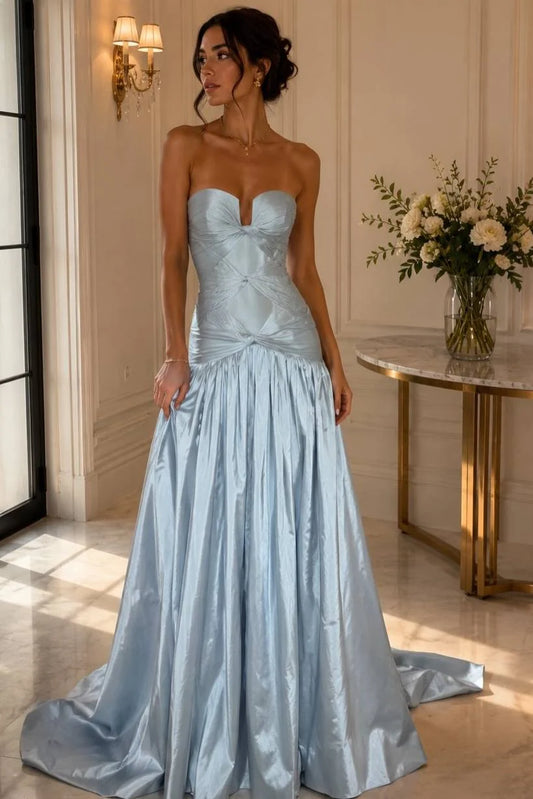 Blue A-Line Strapless Long Prom Dress Formal Wedding Guest Dress  P2451