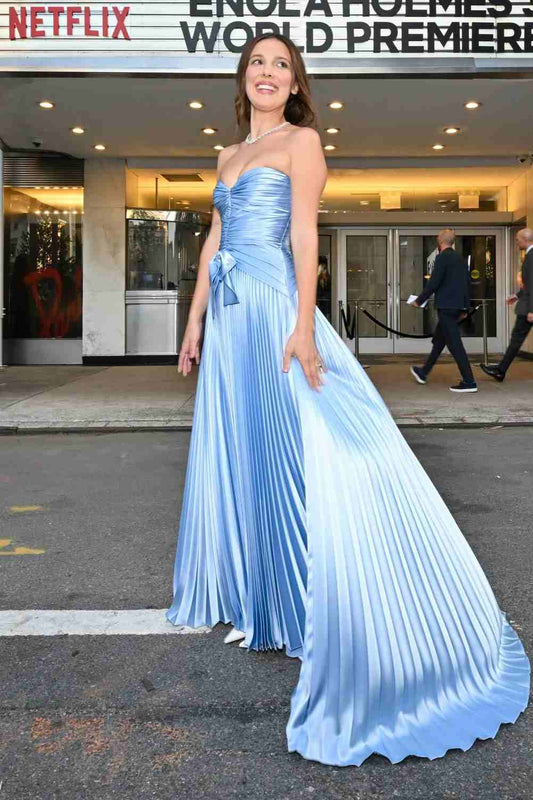 Blue A-Line Strapless Sweetheart Pleated Long Prom Dress  P2435