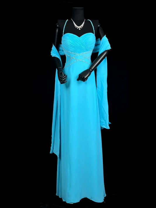 Blue Chiffon A Line Formal Prom Dress Sequin Wedding Guest Dress  P1197