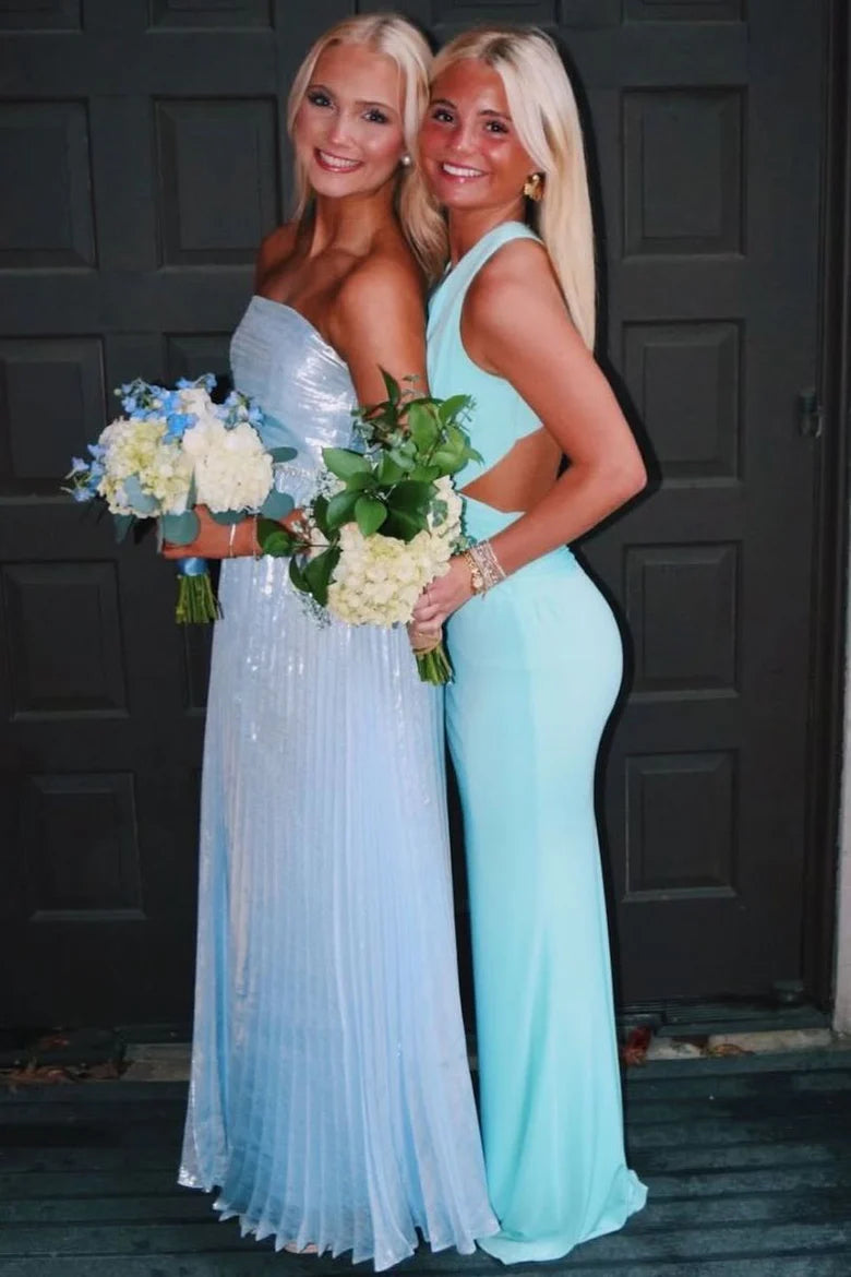 Blue Halter Deep V-Neck Mermaid Long Prom Dress  P1136
