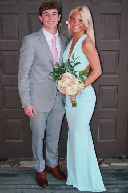 Blue Halter Deep V-Neck Mermaid Long Prom Dress  P1136