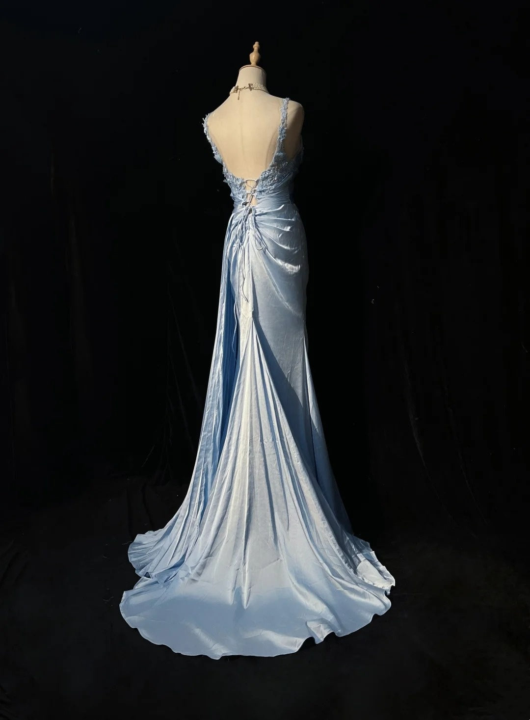 Blue Mermaid Satin Formal Prom Dress With Slit With Applique Straps  P2058