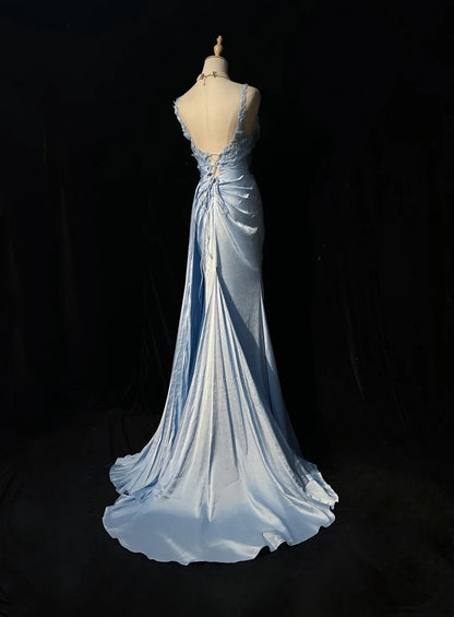 Blue Mermaid Satin Formal Prom Dress With Slit With Applique Straps  P2058
