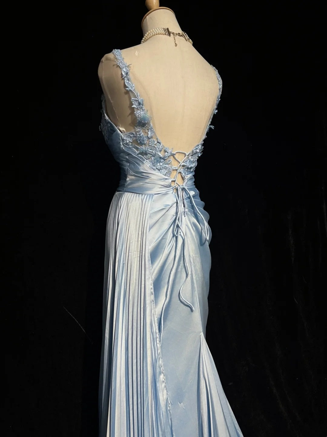 Blue Mermaid Satin Formal Prom Dress With Slit With Applique Straps  P2058