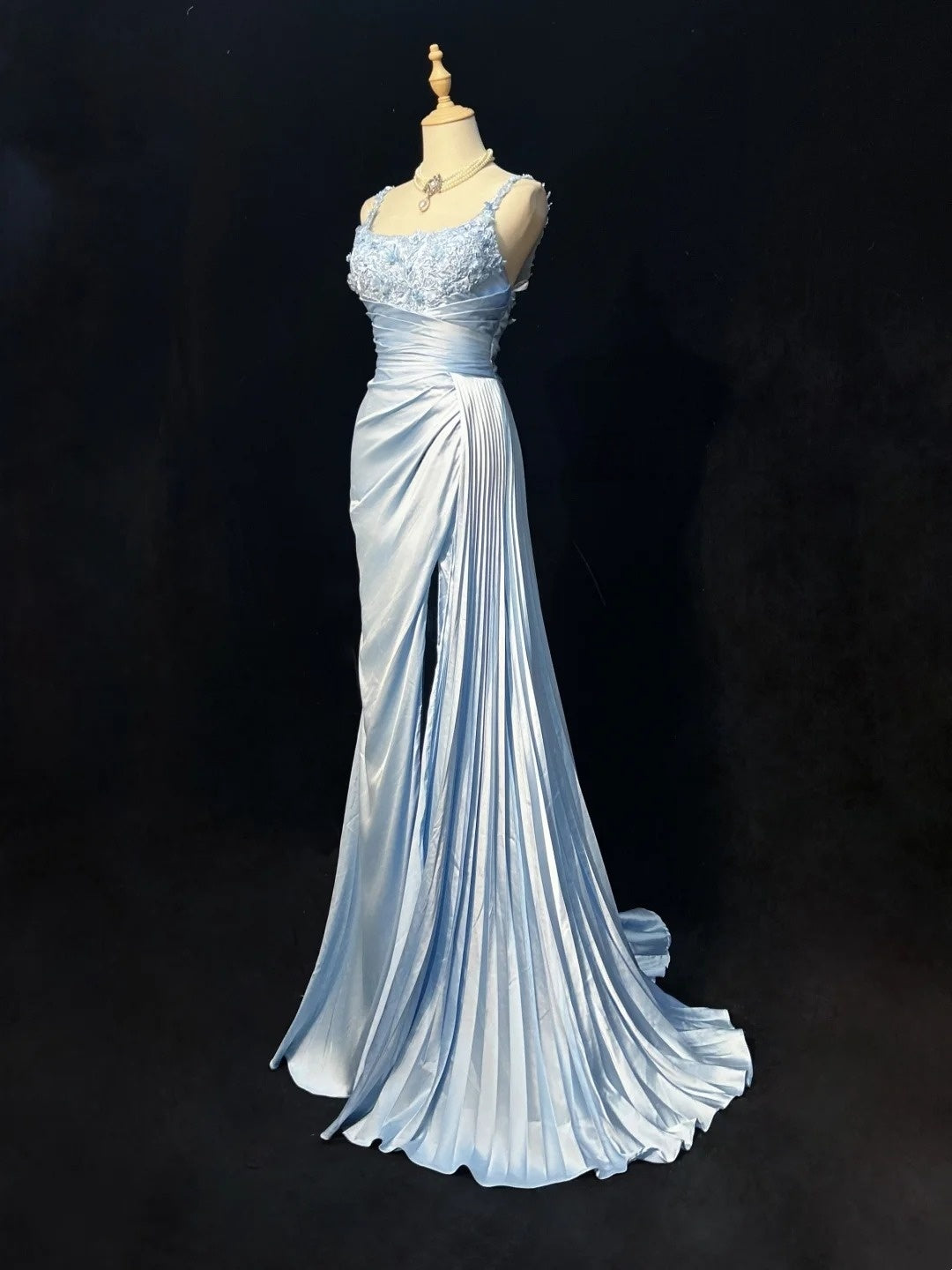 Blue Mermaid Satin Formal Prom Dress With Slit With Applique Straps  P2058