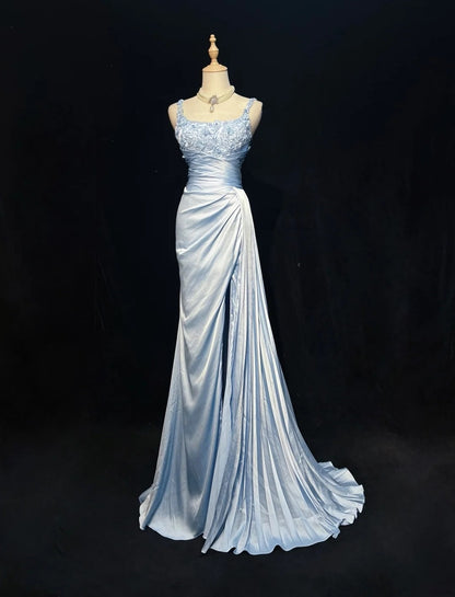 Blue Mermaid Satin Formal Prom Dress With Slit With Applique Straps  P2058