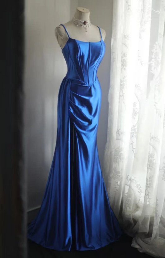 Blue Mermaid Satin Prom Dress Sexy Formal Evening Dress  P684