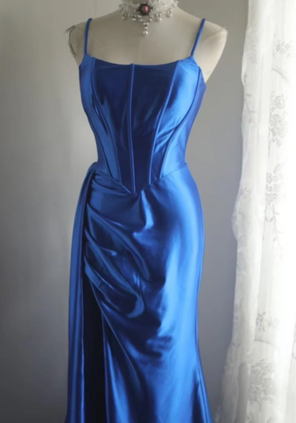 Blue Mermaid Satin Prom Dress Sexy Formal Evening Dress  P684
