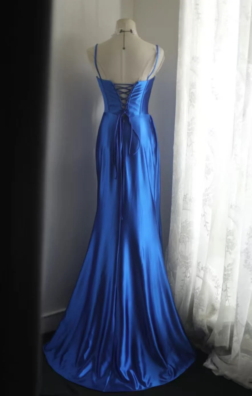 Blue Mermaid Satin Prom Dress Sexy Formal Evening Dress  P684