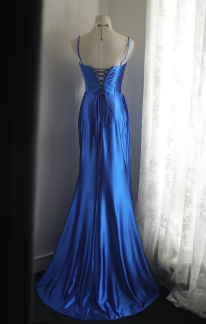 Blue Mermaid Satin Prom Dress Sexy Formal Evening Dress  P684