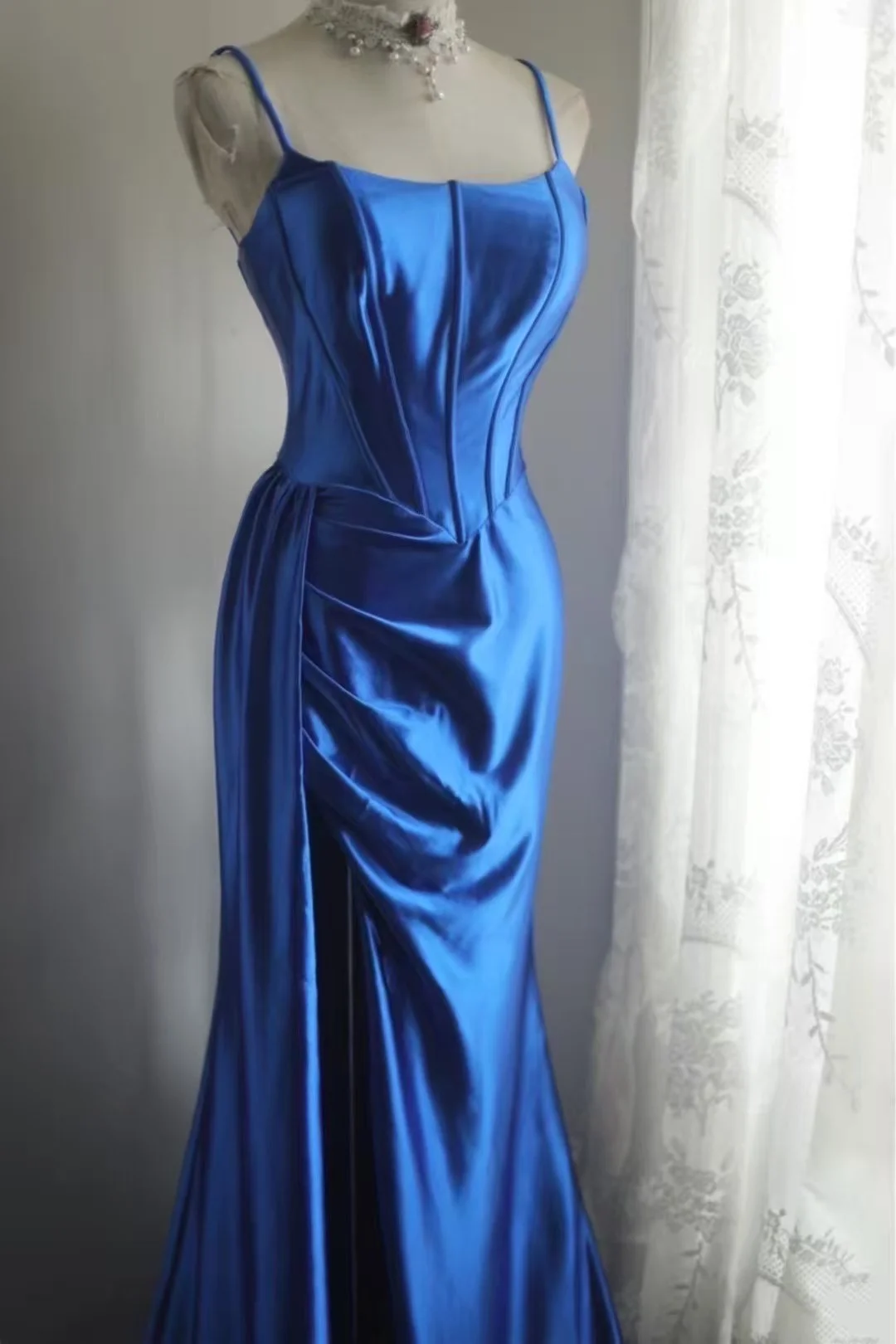 Blue Mermaid Satin Prom Dress Sexy Formal Evening Dress  P684