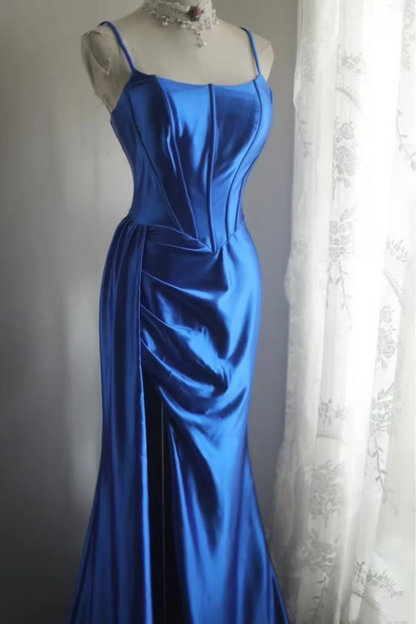 Blue Mermaid Satin Prom Dress Sexy Formal Evening Dress  P684